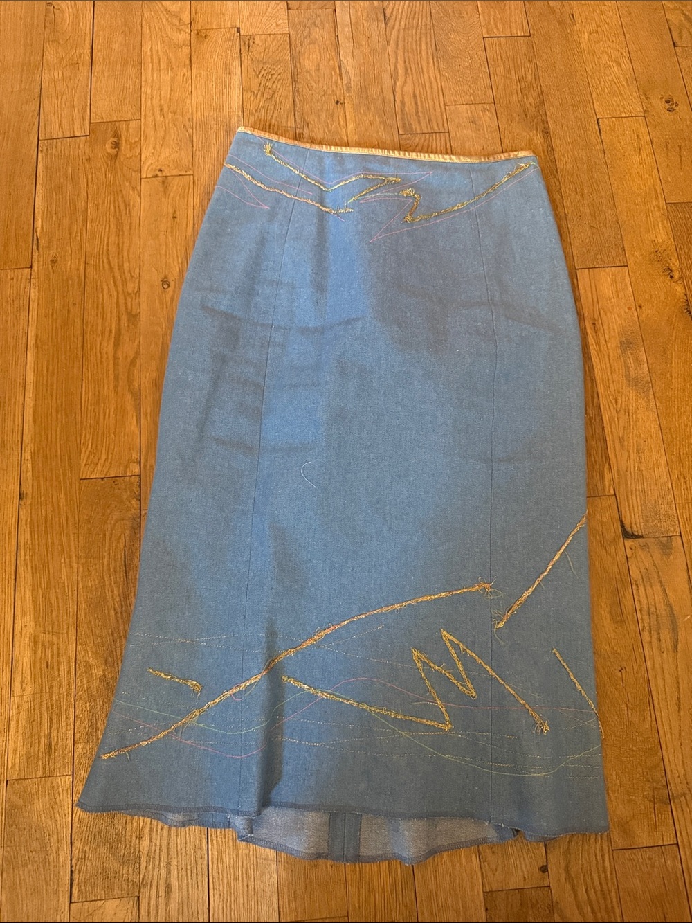 Tracy Feith Blue Midi Skirt with Gold & Pink Thread Detail